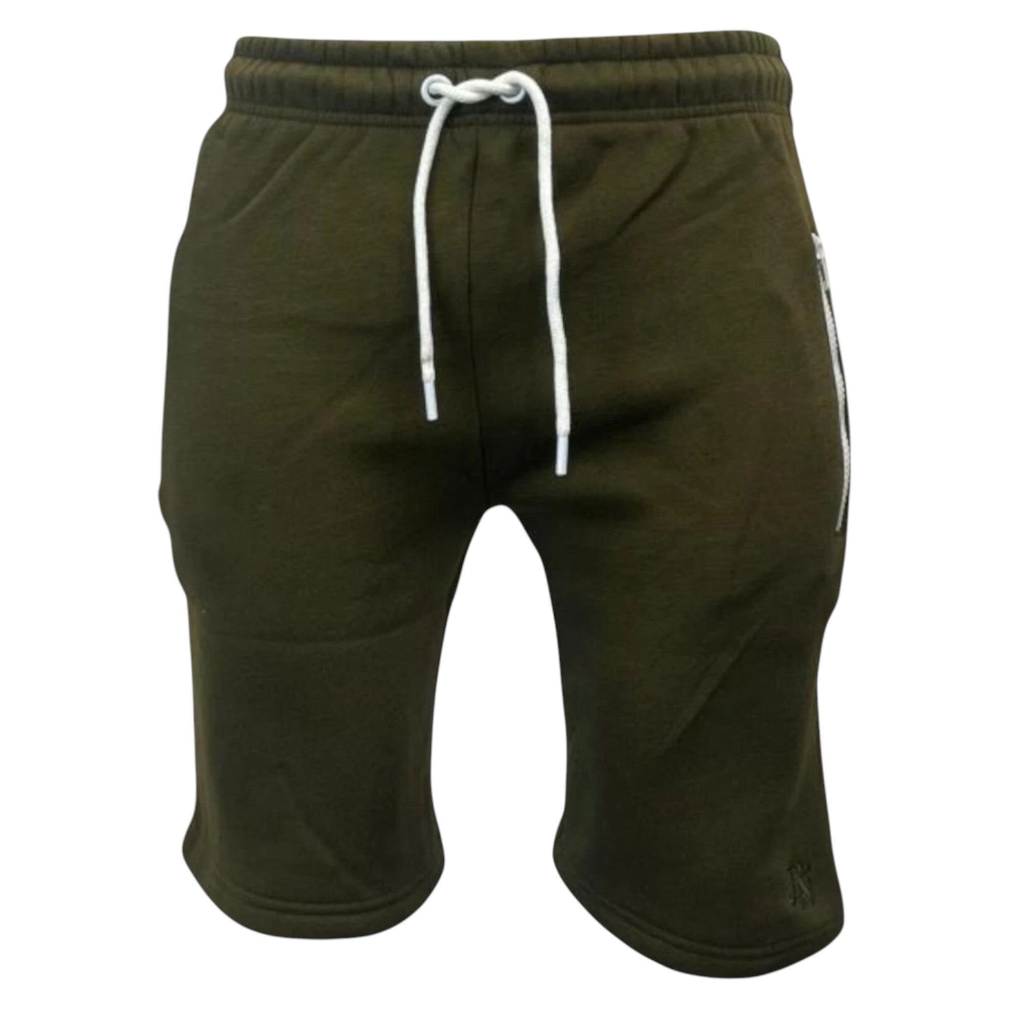 Men’s JDN Khaki green fleece shorts with white drawstring, elastic waistband, and soft cotton-blend fabric – casual gym or lounge wear